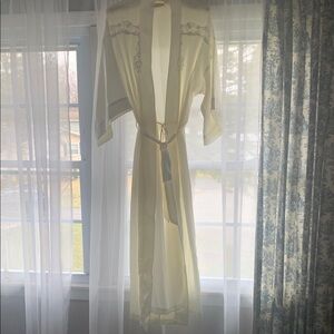 Cream Satin Robe with Flowing Sleeves and Belt